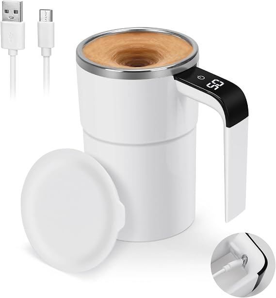 Self Stirring Mug, Auto Magnetic Coffee Mug with LED Display Temperature, Rechargeable Automatic Stirring Cup, 12oz Self Mixing Cup with Lid To Stir Coffee Mixed Milk at Desk Use