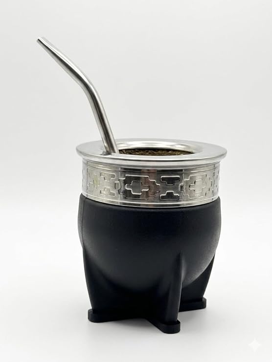 Mate Imperial Argentino Kit Mate, Taza de te, With Straw Tea Gourd Mug One Bombilla (Straw), Wrapped Handmade Leather Ideal for Gift and Travel (Black) (small)