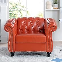 KEIKI 39" PU Leather Chesterfield Sofa with Rolled Arms & High Resilience Cushion, Modern Style Upholstered 1-Seater Button Tufted Couch with Birch Legs, Easy Assembly, for Living Room, Orange