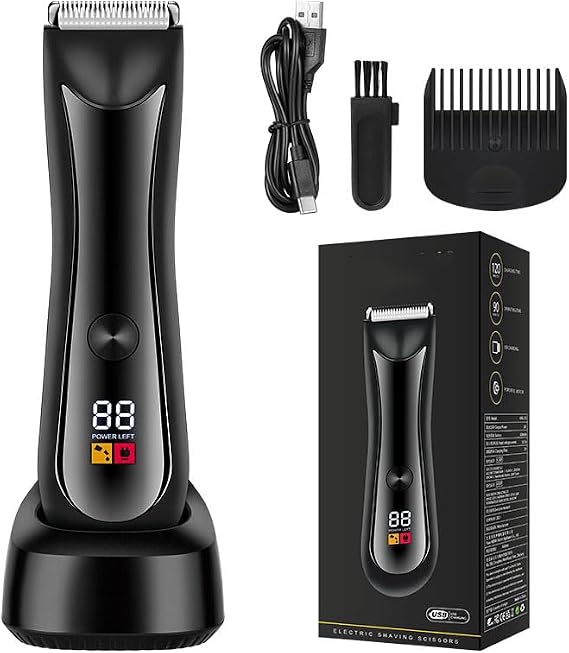 Manscape Body Hair Trimmer for Men Pubic Groin Hair Trimmer for Men with Detachable Blade Cordless Ball Shaver w/Light Charging Dock Waterproof Chest Arm Back Leg Groomer LCD Display Black