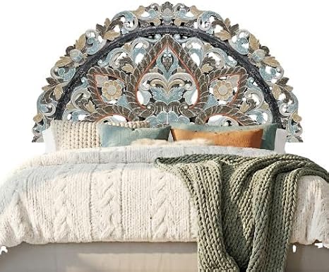 Ayunina Half Moon Carved Wood Headboard Panel, King 72 x 36 in, Multicolor Boho Mandala Floral Cutwork, Wall-Mount Bed Back Accent, Mounting Hardware Included, Handmade in Indonesia