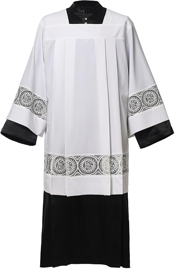 BLESSUME Catholic White Square Neck Lace Surplice Church Pastor Choir Robe Black Cassock Liturgical Vestments