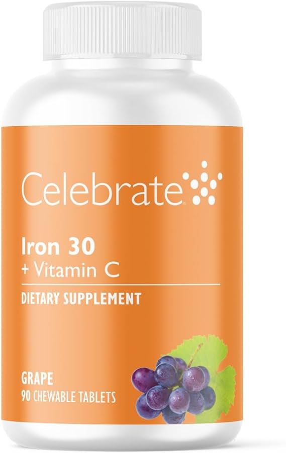 Celebrate Vitamins Bariatric Iron with Vitamin C, 30mg Iron, 90-Day Supply | 90-Chewable Tablets, Grape Flavor, 60mg Vitamin C, Once-Daily Bariatric Support After Surgery