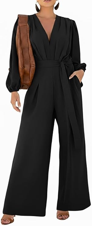 CHICME Womens Elegant Long Puff Sleeve Jumpsuit Deep V Neck Tie Waist Casual Wide Leg Pants Romper with Pockets