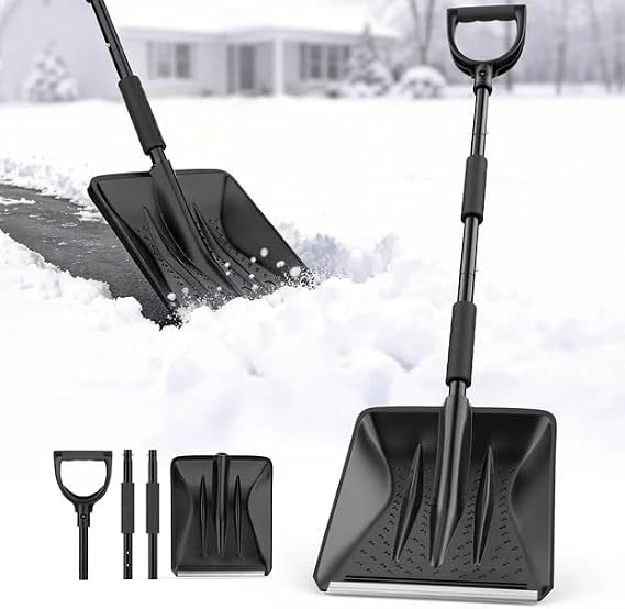 Snow Shovel, Snow Shovel for Driveway with Assist D-Handle and 11-Inch Blade, 42-Inch Adjustable Portable Survival Shovel for Driveway, Cars, Snowmobiles, Camping and Emergency (BlackB)