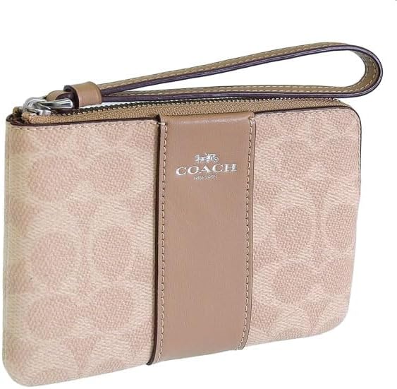 Coach CW854 Coach Pouch, Women's, Outlet Branded Corner Zip, Wristlet, Trinket Pouch, Signature Canvas, Stripe, Beige SAND/TAUPE/Beige