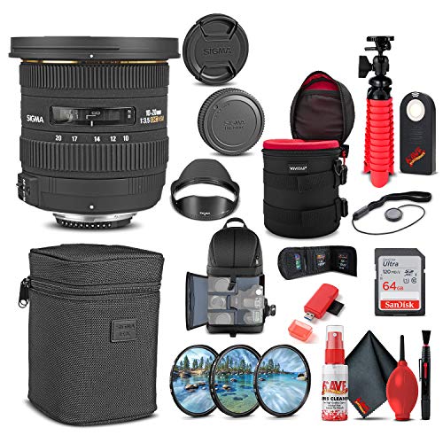 Sigma 10-20mm f3.5 EX DC HSM Lens for Nikon F 202306 Bundle  Backpack  64GB Card  Lens Case  Card Reader  Filter Kit  Cleaning Set  Flex Tripod  Memory Wallet  IR Remote  More