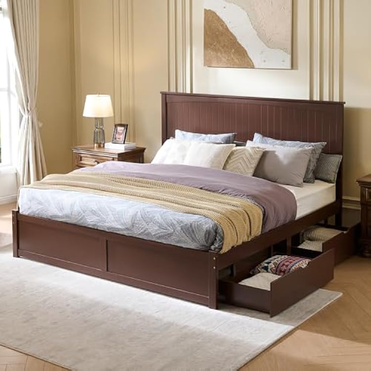 Full Size Solid Wood Bed Frame with Storage, Mid-Century Modern Platform Bed with 50 Headboard & 2 Drawers, No Box Spring NeededQuiet SupportEasy AssemblyEspresso Brown Finish