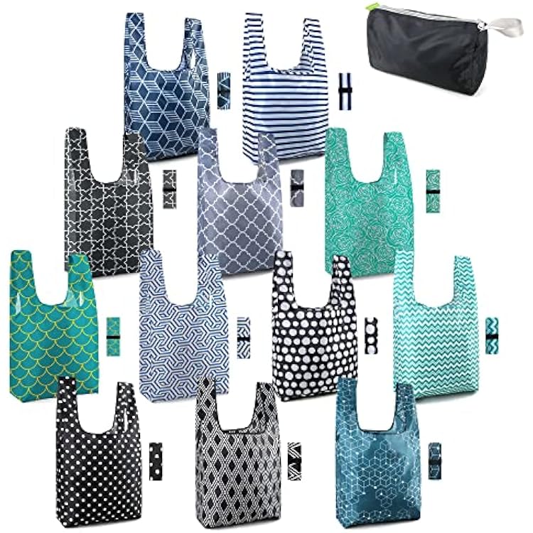 BeeGreen Reusable Foldable Shopping Totes with Handles,12 Pack Heavy Duty Polyester Fabric Geometry Grocery Bags, Large Fashion Reusable Bags for Travel & Groceries, Washable Cloth Bag Bulk