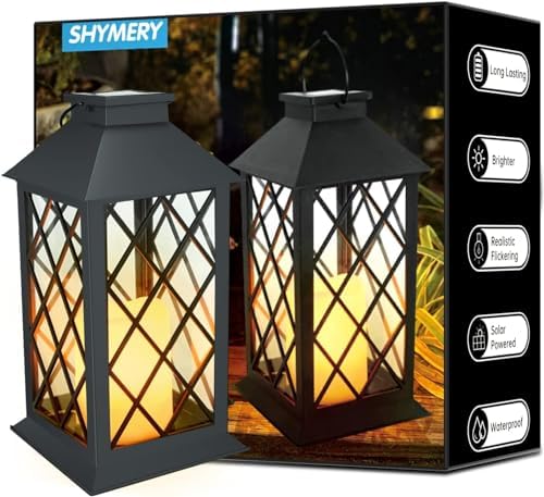 SHYMERY Solar Lanterns Outdoor Waterproof, 14 Inch Outdoor Lanterns with LED Flickering Flameless Candles,2 Pack Hanging Black Lantern Decorative for Patio,Front Porch,Balcony,Outside,Table Decor