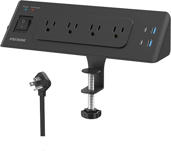 Desk Clamp Power Strip, 6.5ft Flat Plug Extension Cord, Desktop Mounted