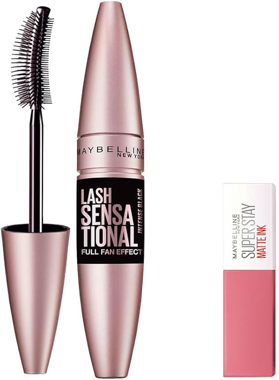 Maybelline New York Lash Sensational Fan Effective Intense Black Mascara - Extra Black 9.5 ml & Mini Super Stay Matte Ink Liquid Matte Lipstick - 15 Lover Makeup Set