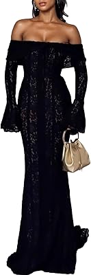 Women Elegant Off Shoulder Lace Bodycon Maxi Dress Bell Sleeve Mesh Sheer Mermaid Wedding Party Dress