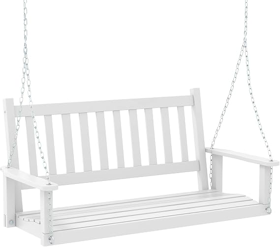 COSTWAY 2/3-Seater Garden Swing Chair, Poplar Wood Swing Bench Loveseat with Adjustable Hanging Chains, Outdoor Hanging Swing Seat Hammock for Patio Garden Yard Tree (White, 136 x 66 x 63cm)