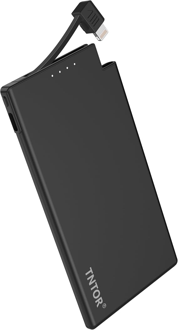 TNTOR Slim Portable Charger with Built in iOS Lightning Cable, 5000mAh Ultra Thin Lightweight Power Bank - Travel Essentials - Compatible with iPhone 14/13/12/11/X/8 Older Series