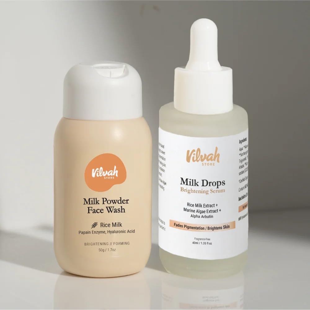 Vilvah Face Brightening Kit Large – Milk Powder Face Wash & Milk Drops Brightening Serum for Even Skin Tone & Radiant Glow, Natural Brightening Set for Daily Use