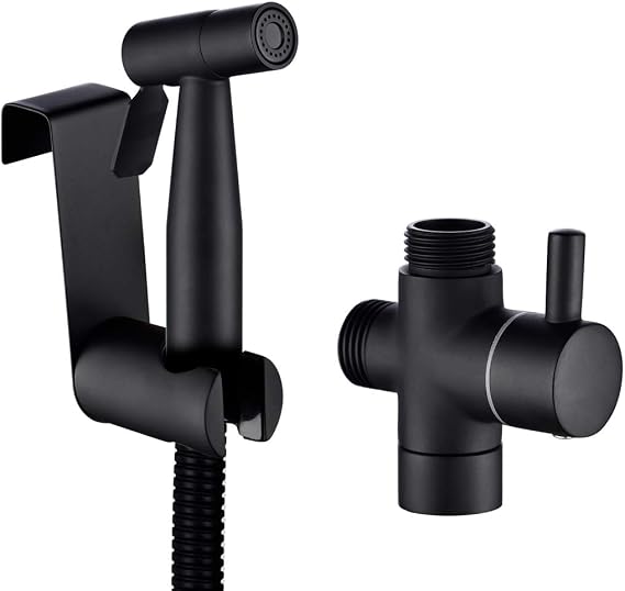 Tecmolog Toilet Sprayer Kit Stainless Steel Hand Held Bidet Sprayer Black Cloth Diaper Washer Portable Shattaf with Hose, Shattaf Holder, WS024CF