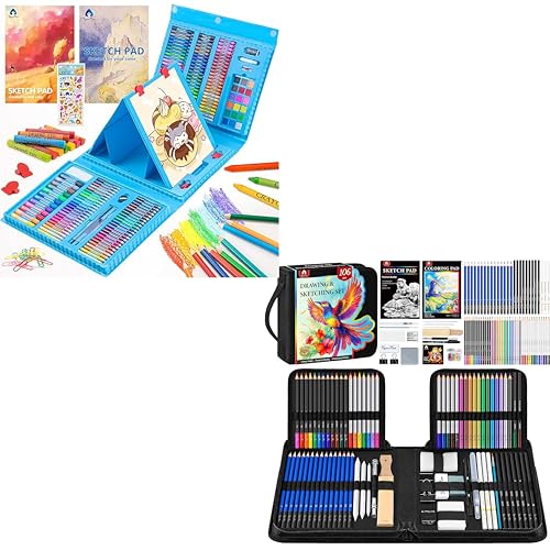 VigorFun 240-Piece Art Set Crafts Drawing Kits Blue & 106 PCS Art Supplies Sketching Kit Black