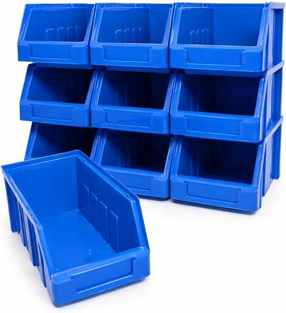 BLUE SIZE 2 STACKING STORAGE BINS PLASTIC PARTS BINS. H 80mm x W 83mm x D 152mm (10)