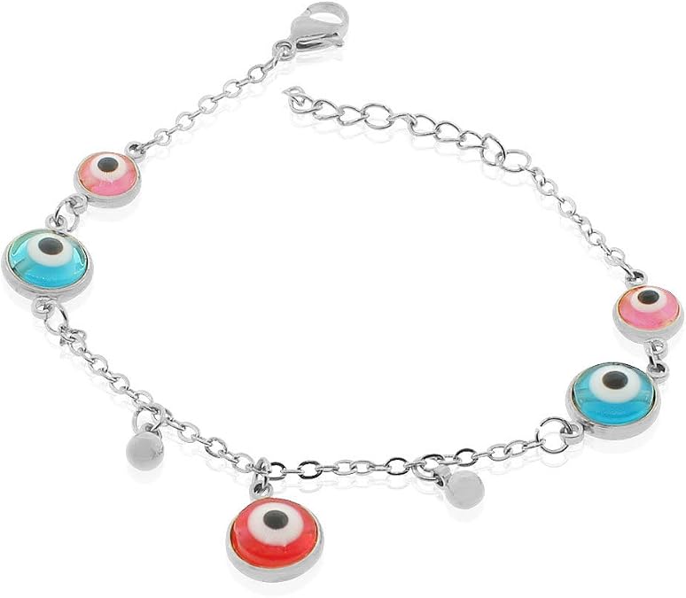 Stainless Steel Multicolor Evil Eye Protection Link Chain Bracelet, 8"
