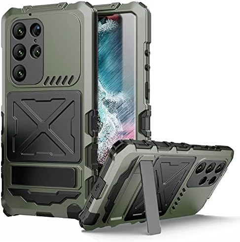 Samsung S24 Ultra Metal Bumper Military Rugged Silicone Case Heavy Duty Armor Defender Samsung S24 Ultra Metal Case With Stand Built-in Gorilla Glass Full Cover Dustproof Outdoor Cover Green