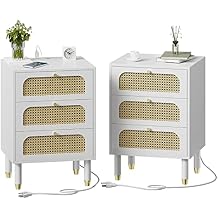VINGLI Rattan Nightstand with Charging Station, 27" Tall White Nightstand with 3 Drawers for Bedroom, Boho Mid Century Modern Bed Side Table/End Table (White, 2 Pack)