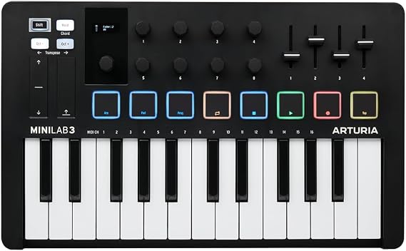Arturia - MiniLab 3 - Universal MIDI Controller for Music Production with Full Software Package - 25 Keys, 8 Multi Coloured Pads - Black