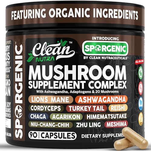 Organic Mushroom Supplement | Ashwagandha Lions Mane Cordyceps Turkey Tail Reishi Mushrooms Maca Root Black Hoof Chaga Tremella Agarikon Shiitake