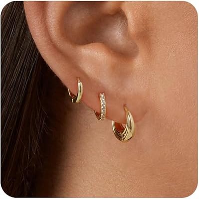 Gold Chunky Hoop Earrings Set for Women, 14K Gold Plated Huggie Small Hoop Earring Hypoallergenic, Thick Open Hoops Earring Lightweight