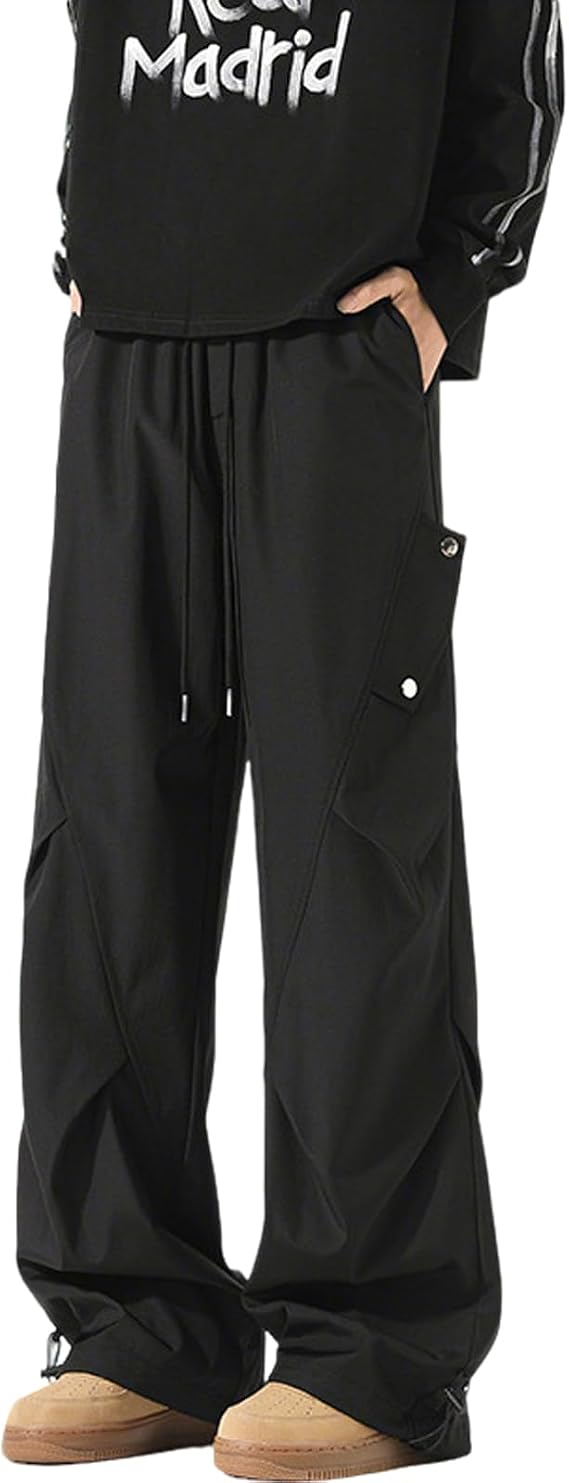 Men's Baggy Cargo Pants Trendy Parachute Wide Leg Trousers | Loose Fit Elastic Waist Drawstring Joggers Hip Hop Casual Y2K Streetwear for daily Hiking Pants