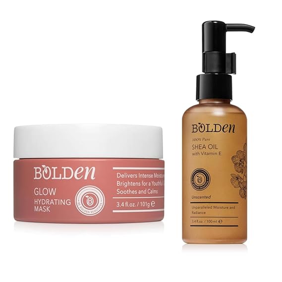 BOLDEN Glow Hydrating Mask & Shea Oil Bundle | Deep Moisturizing Face Mask with Hyaluronic Acid & 100% Natural Shea Oil with Vitamin E | 3.4 fl oz Each