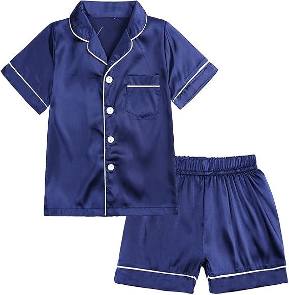 MYGBCPJS 2Pcs Boys Girls Satin Pajamas Set Long Sleeve Classic Silk Pjs Sleepwear Button-Down Top + Pajama Bottoms Loungewear