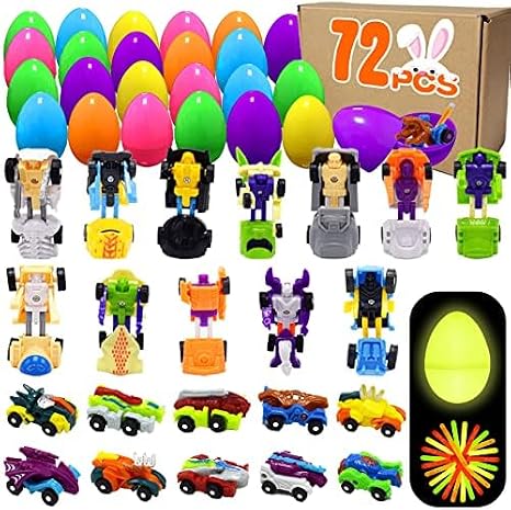 Joy Bang 72 Pcs Easter Eggs with Transformer Toys Inside, Easter Egg Fillers with Glow in the Dark Sticks Basket Stuffers Fillers Toys Party Favors Supplies Gifts for Kids