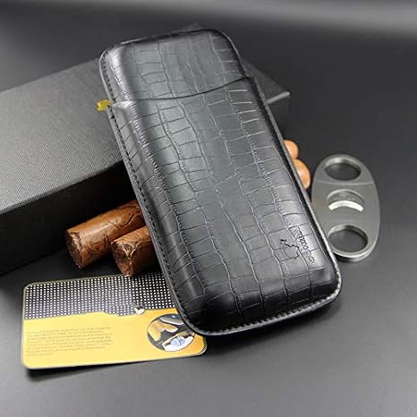 Black Embossed Leather 3 Ct Cigar Case w/Stainless Steel Cutter For Large Cigar