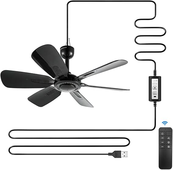 17.7" Inch Portable Ceiling Fan with Remote Control Timing 3 Speed,USB Plug In,5V DC Powered,6 Blades,Indoor/Outdoor RV Camping Tent Canopy,Gazebo,Beach,Hanging,Quiet,black
