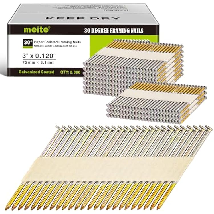 meite 30 Degree Framing Nails 3 Inch x .120 Inch Paper Collated Nails for 30-34 Degree Framing Nailer Gun, Electro-Galvanized Offset Round Head Framing Nails for Wall Studs Sheathing Decking 2,000PCS