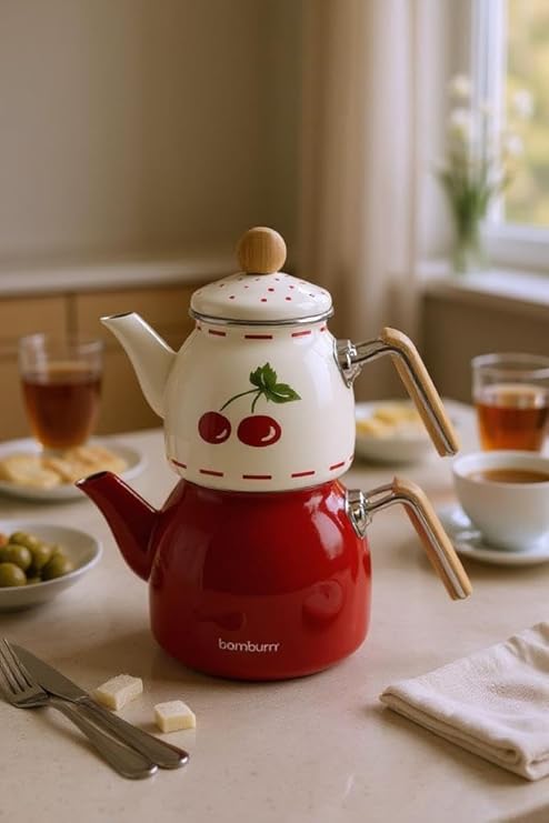 Bambum Unique - Bambu Kulplu Emaye Çaydanlık Takımı Cherry
