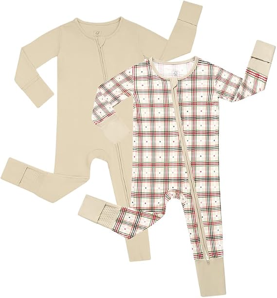 JunNeng Baby Viscose from Bamboo Plaid Pajamas, 2 Way Zipper Sleeper, Fold over Mittens & Non-Slip Romper Apricot +Apricot plaid 6-12 Months