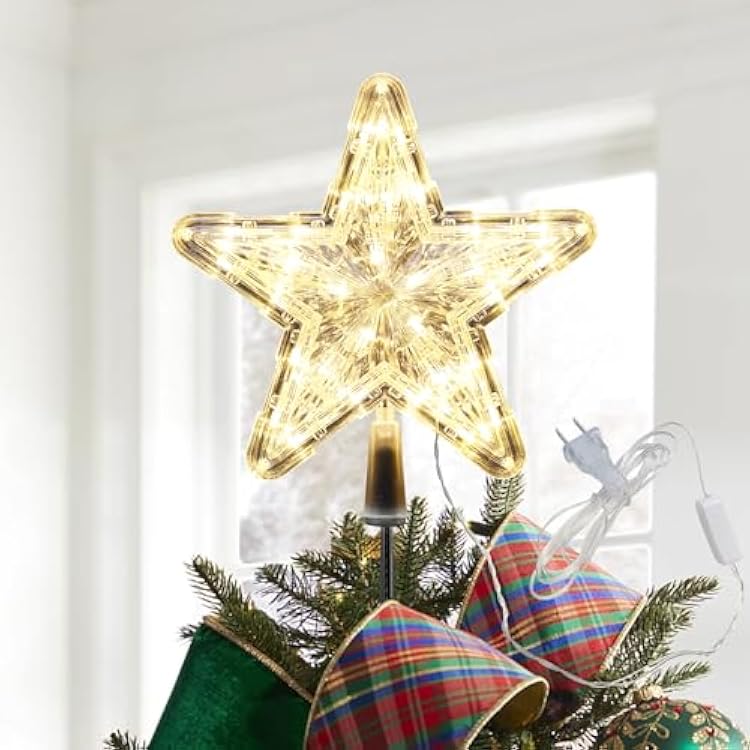 Christmas Tree Topper, Star Xmas Tree Topper with Lights, Classic Holiday Decorations Ornaments for Christmas, 9 Large Glitter Gold Star with Plug in LED Clips on Artificial Real Trees, New Year