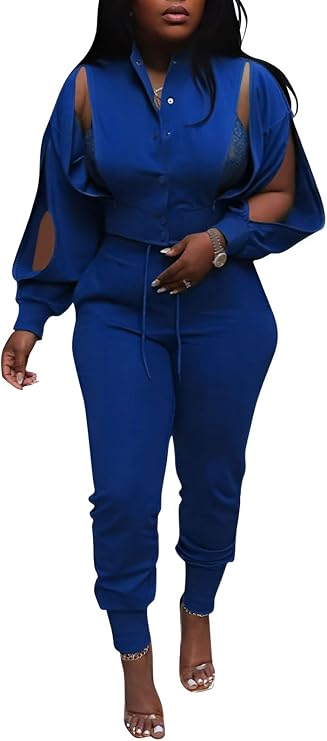 Sweatsuits for women Set 2 Piece Jogger Outfits Zipper Split Long Sleeve Button Down Crop Top and Pants Tracksuit