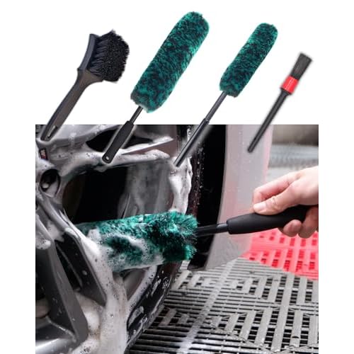 oesee Professional 4 Pack Long Handle Wheel Brush Kit for Cleaning Wheel and Tire- 2X Soft Wheel Cleaning Brush, Detailing Brush and Stiff Tire Brush, Bendable& Durable Wheel Rim Cleaner Brush Set