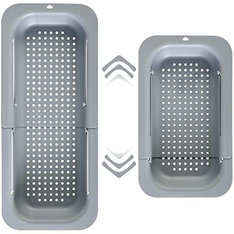 Kitchen Sink Colander, Extendable Strainer Basket Over the Sink for Wash Vegetables and Fruits, Drain Cooked Pasta and Dry Dishes 13.6-18.9L x 7.9W x 2.6H - Gray