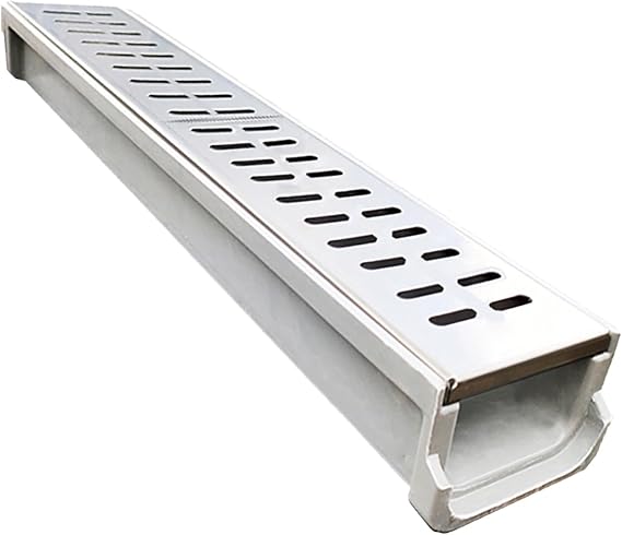 Trench Drain 1 Piece U-Drain with Stainless Steel Plate, Sewer Pipe/Cover for Patio Deck Concrete Floor, Kitchen Shower Yard Trench Drainage System(15 x 15cm (5 7/8" x 5 7/8"))