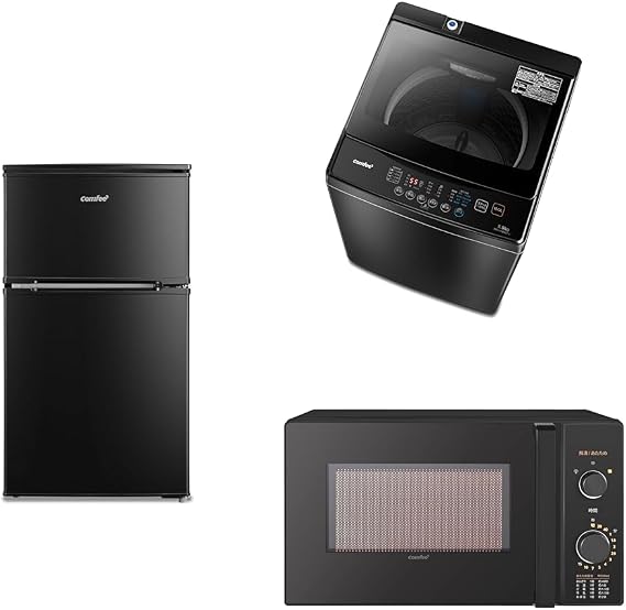 Comfee 3-Piece Refrigerator, Black + Washing Machine, 12.1 lbs 5.5 kg + Black Microwave, 4.7 gal 17 L Turntable, Living Alone, New Home Appliance Set