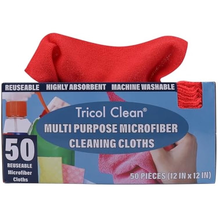 Tricol Clean Profesional Resuable Lint Free Microfiber Edgeless Cleaning Cloth 50PK Cleaning Rags,Absorbent Microfiber Wipes in Dispenser Box for Housekeeping, Car Cleaning 12  12 Inches red1