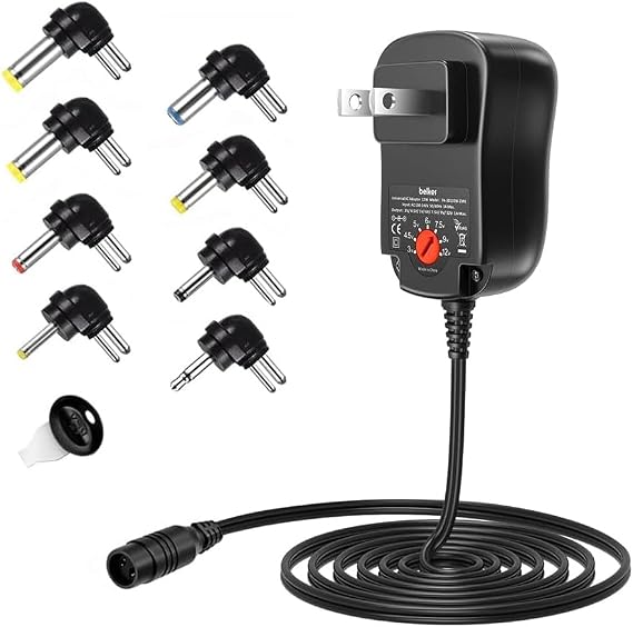 Belker 12W Universal 3V 4.5V 5V 6V 7.5V 9V 12V AC DC Adapter with 8 Tips | Power Supply for Household Electronics Mp3 Router Speaker TV Box LCD CCTV IP Camera - 1A 1000mA Max