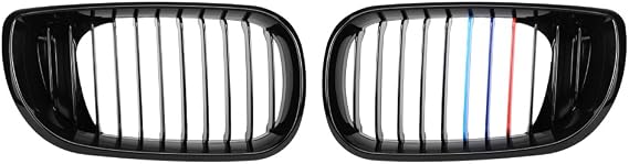 Set 2pcs Front Bumper Center Kidney Grille Grill Compatible with BMW '02-'06 320i 325i 325Xi 330i 330Xi (Glossy Black M-Color)