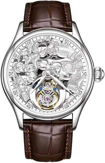Flying Tourbillon Mechanical Hand Wind Wrist Watch Men Skeleton Diamond Dial Wristwatch Sapphire Double-Sided Hollow Clock Man Chinese Zodiac Pigs Pattern Meaning Amiable