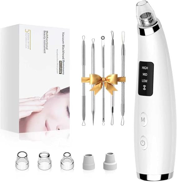 Blackhead Remover Pore Vacuum - Facial Pore Cleaner with 3 Adjustable Suction Levels, 5 Probes - Rechargeable Pore Extractor Tools for Women & Men (Pearl White)