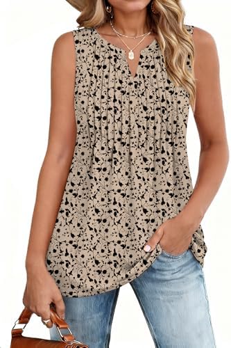 Zeagoo Women's Summer Tank Tops 2026 Pleated V Neck Floral Loose Fit Casual Flowy Boho Tunic Sleeveless Shirts
